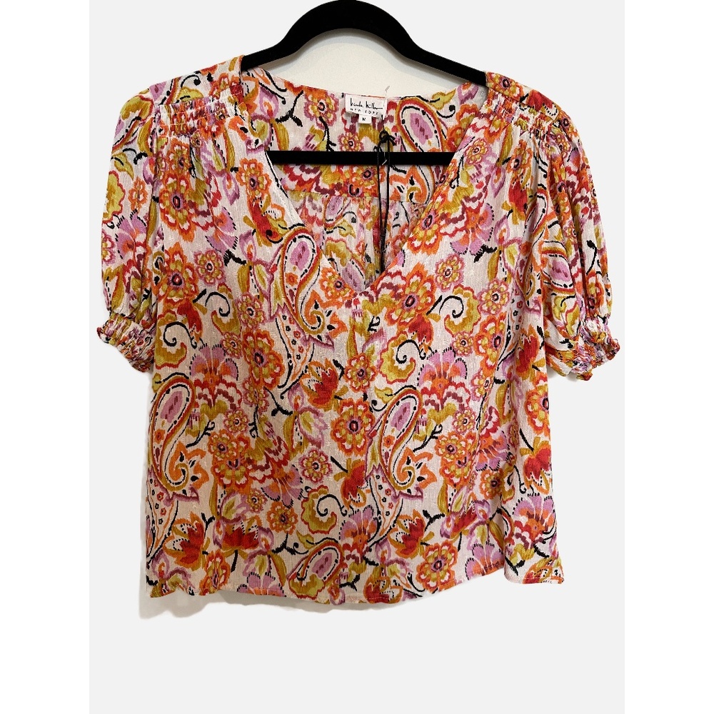 NICOLE MILLER floral short sleeve shirt with v-neck in size Medium